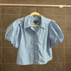 J. Crew Light Blue Striped Puff Sleeve Shirt